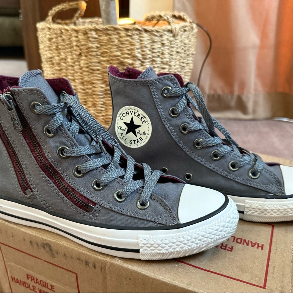 Converse Gray High-Top Sneakers with Burgundy Accents